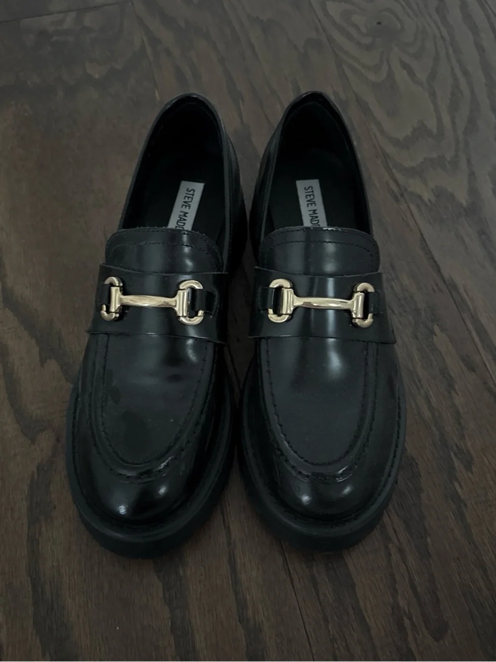 Steve Madden Black Leather Loafers with Gold Hardware